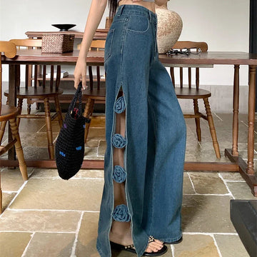 MQTIME  -  3D Floral Hollow Out Women Jeans Split Hotsweet Summer Casual Fashion Full Length Denim Pants Blue Streetwear Loose Trousers